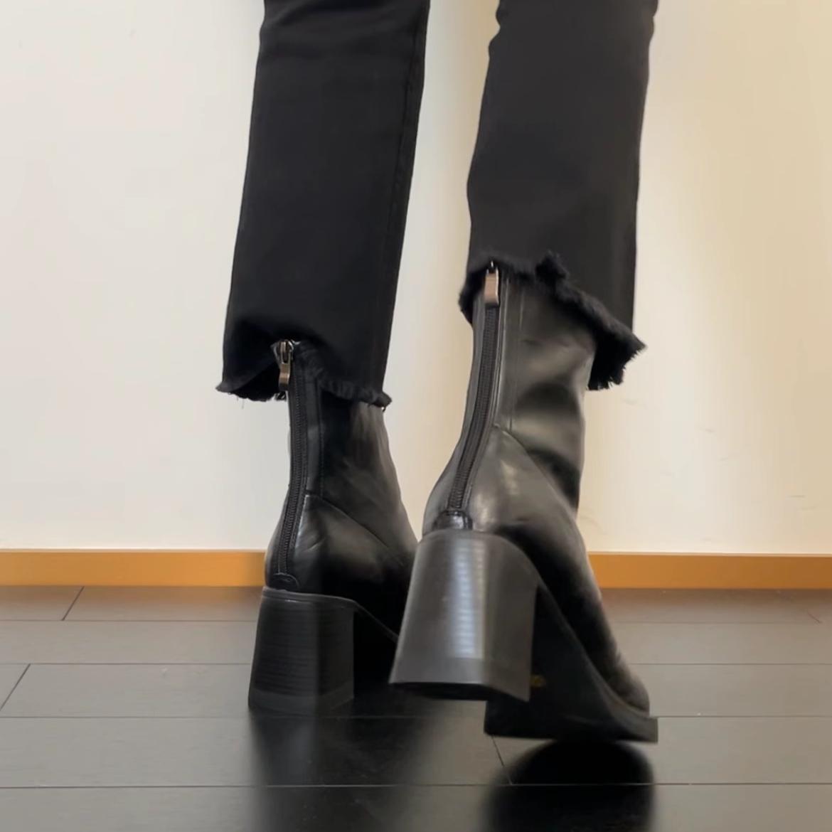 34-42码！羊皮~高跟短靴女新款方头粗跟瘦瘦靴通勤英伦风弹力靴