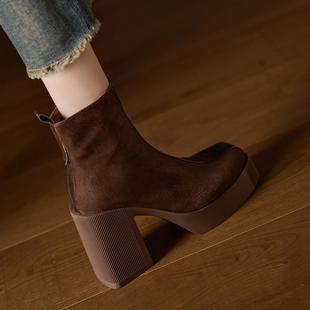 复古深口百搭厚底真皮单鞋 XNSM 防水台粗跟高跟鞋 2025新款 短靴