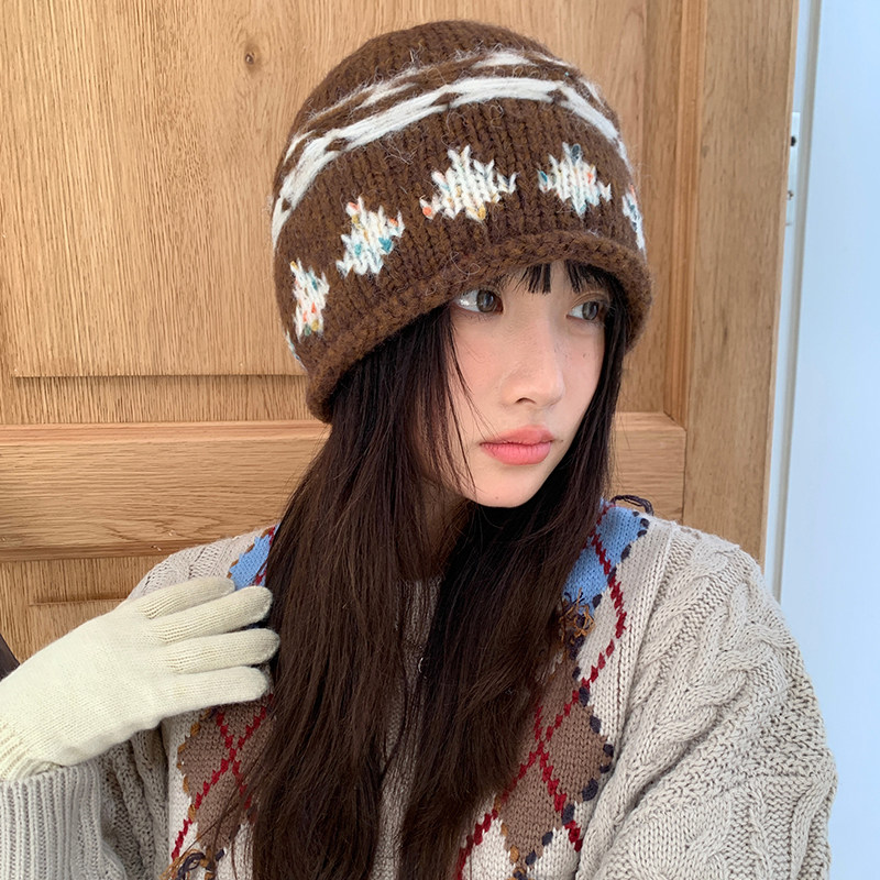 复古费尔岛提花针织冷帽女秋冬季大头围卷边毛线帽保暖显脸小帽子