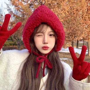 韩国新年毛绒雷锋帽子女秋冬季保暖红色巫女包头加绒系带护耳帽