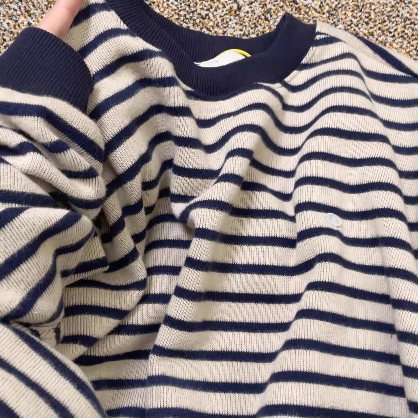 美式复古圆领宽松条纹针织衫女秋冬内搭打底毛衣高级感别致上衣潮