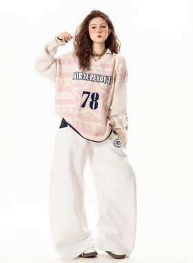 美式复古设计感撞色V领针织衫女秋冬季高级感宽松百搭毛衣情侣