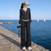 网红炸街阔腿裤 时尚 假两件上衣时尚 女春秋2026新款 两件套 洋气套装