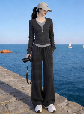 时尚洋气套装女春秋2026新款假两件上衣时尚网红炸街阔腿裤两件套