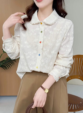 刺绣彩色纽扣翻领纯棉衬衫女2026春秋新款宽松长袖减龄上衣衬衣