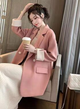 韩版网红炸街粉色小西装外套女双排扣宽松西服春秋季休闲百搭