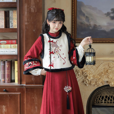汉尚华莲改良比甲套装[戏祈年]汉服女刺绣拜年服红色假两件连衣裙