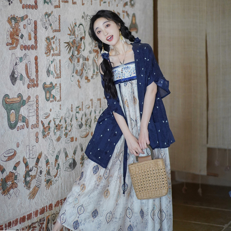 汉尚华莲织金刺绣齐胸[一木松青]汉服女法门寺天丝连衣裙国风夏
