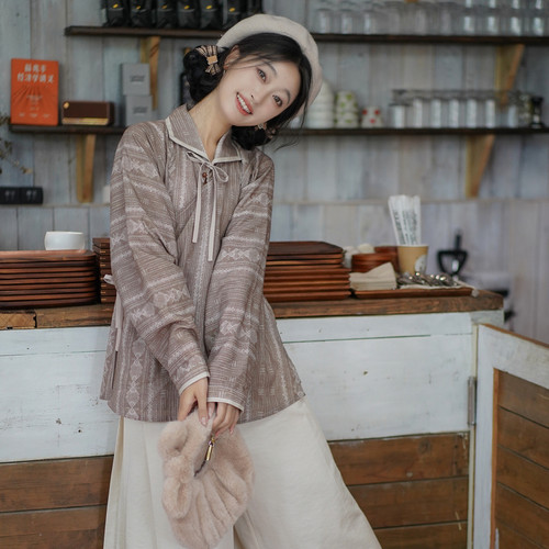 汉尚华莲明制翻领衫[檀语]咖色阔腿裤套装汉服女日常2026新款秋