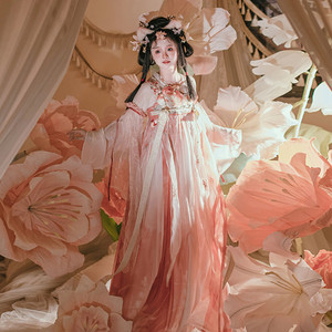 汉尚华莲洒锦莲莲原创唐制十二花神系列汉服莲花对襟粉色齐胸襦裙