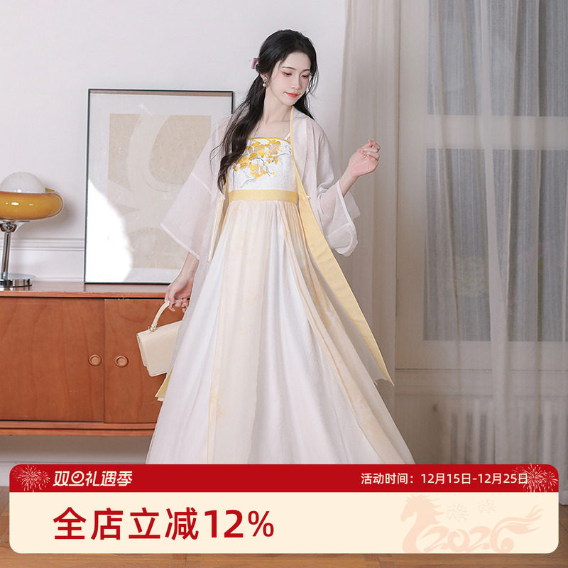 【汉尚华莲】原创汉服女[明黄三月]日常通勤宋制连衣裙早春套装