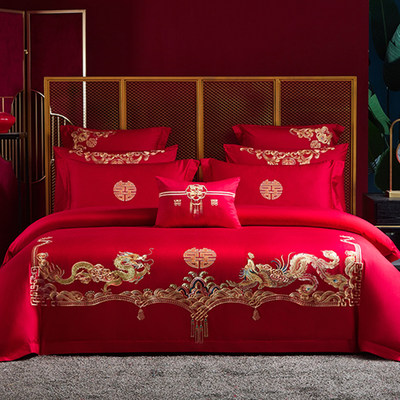 高档新中式刺绣婚庆四件套大红色被套床单婚嫁床上用品结婚六件套