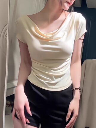 2026夏季新款法式荡领螺纹棉短袖t恤女纯欲辣妹短款修身显瘦上衣