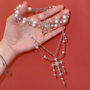 欧美Y2K千禧辣妹朋克多层次小众设计感十字架珍珠银色亚文化项链