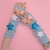 Y2K辣妹亚比文化原宿针织星星小猫蝴蝶结立体粉蓝色手套半指袖 套