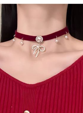 复古红色丝绒珍珠蝴蝶结choker项链女毛衣链气质颈链配饰