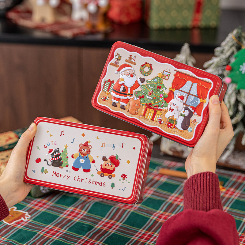 饼干盒子圣诞节日专用可爱卡通长方形浮雕马口铁雪花酥曲奇糖果的
