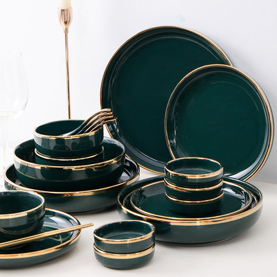 轻奢碗碟套装祖母绿陶瓷金边北欧