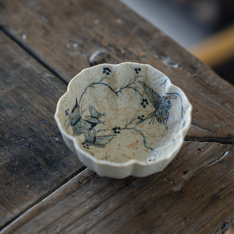 荼梦令纯焦糖手绘缠枝莲蝴蝶复古茶杯主人杯景德镇釉下彩青花茶器