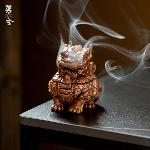 紫铜麒麟香炉创意复古立体茶道香薰炉家用禅意复古熏香炉招财摆件
