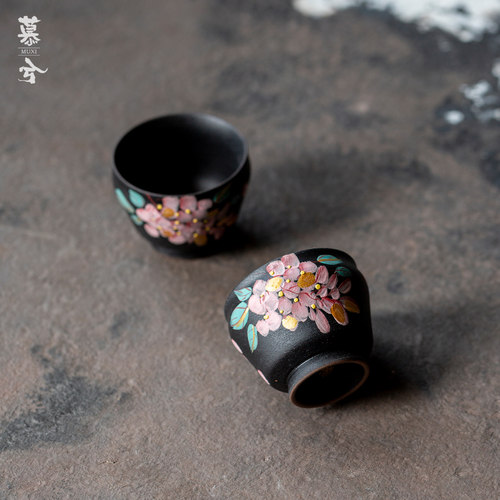 紫藤花敛香杯黑陶手绘花卉茶杯陶瓷单杯主人杯传统品茗杯功夫茶具