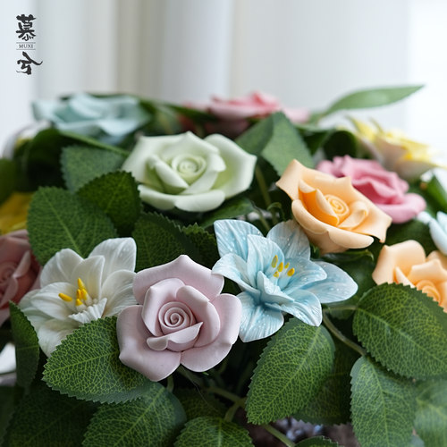 复古玫瑰花束陶瓷花手工编织装饰摆件客厅餐桌茶道配件花器装饰品