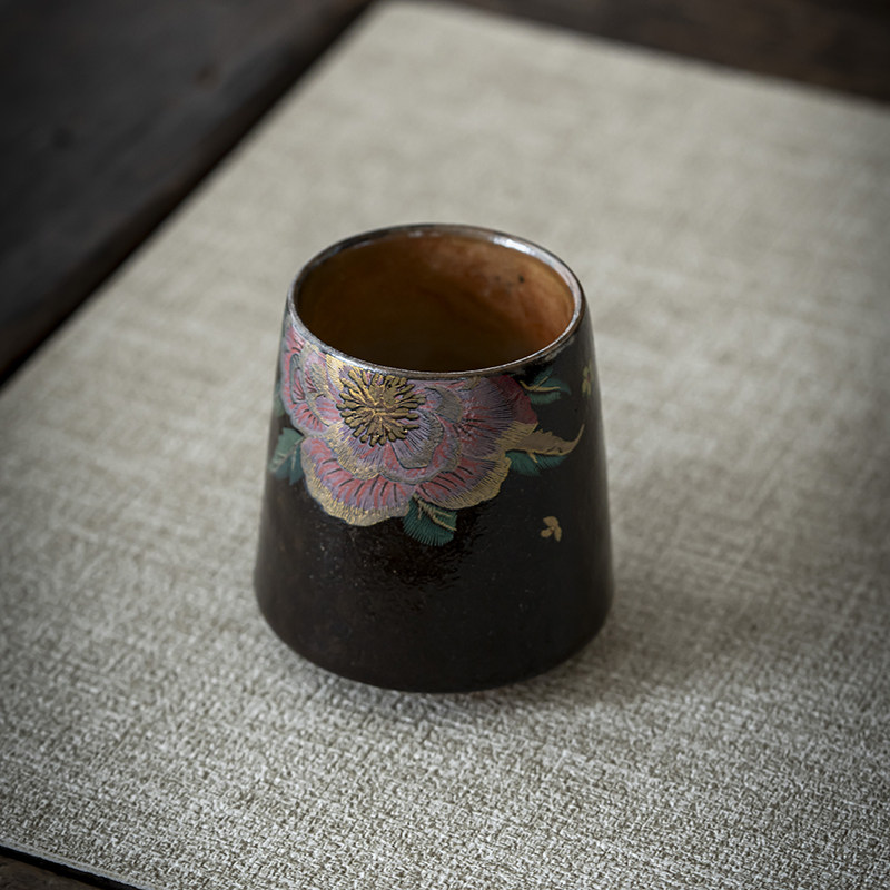 荼梦令志野烧牡丹缂丝敛口杯咖啡杯主人杯陶瓷工艺茶杯