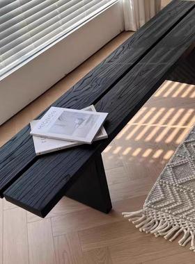 实木侘寂风长条凳沙发背几白蜡木黑色换鞋凳简约长板凳原木床尾凳