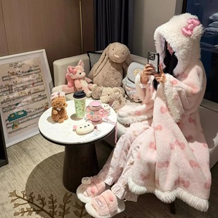猫咪蝴蝶结睡袍女连帽披肩毯珊瑚绒加厚睡衣毛绒斗篷冬保暖家居服