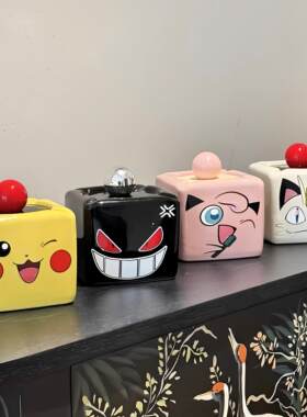 卡通陶瓷带盖防飞灰烟灰缸