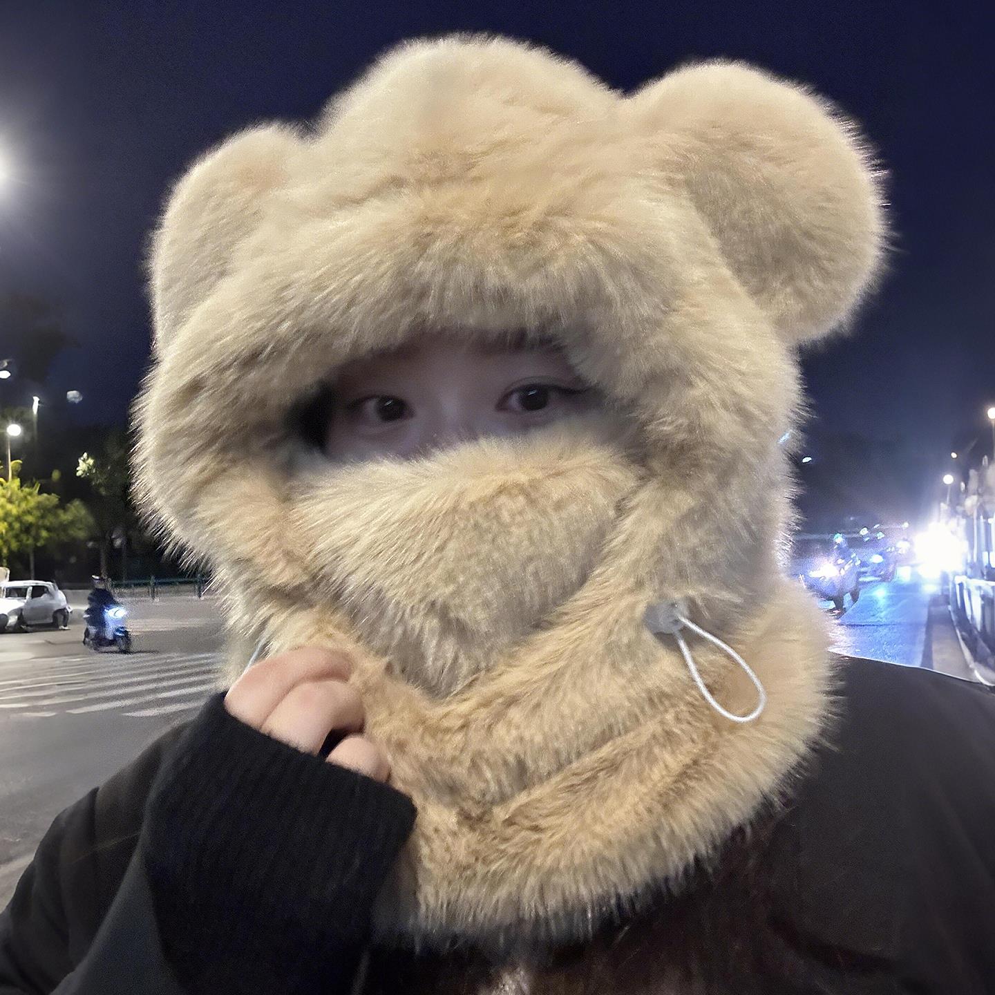 小熊冬天骑车防寒帽子围巾一体毛绒保暖防风护耳帽加厚百搭雷锋帽