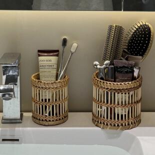 桌面藤编收纳盒中古风家用多功能杂物盒台面化妆刷整理盒编织笔筒
