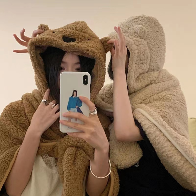 小熊披肩毛毯午睡毯子