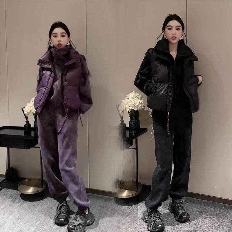 高级感加绒加厚运动套装女冬季新款时尚立领马甲卫衣束脚裤三件套