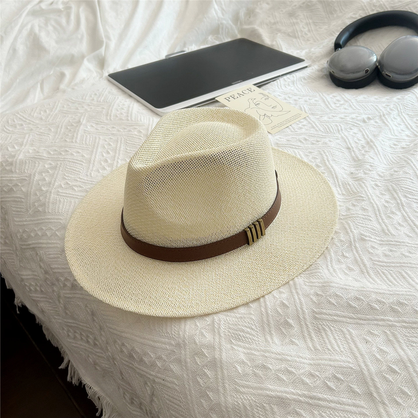 爵士礼帽男女宽檐巴拿马草帽夏季老钱风英伦皮扣西部牛仔草编帽子