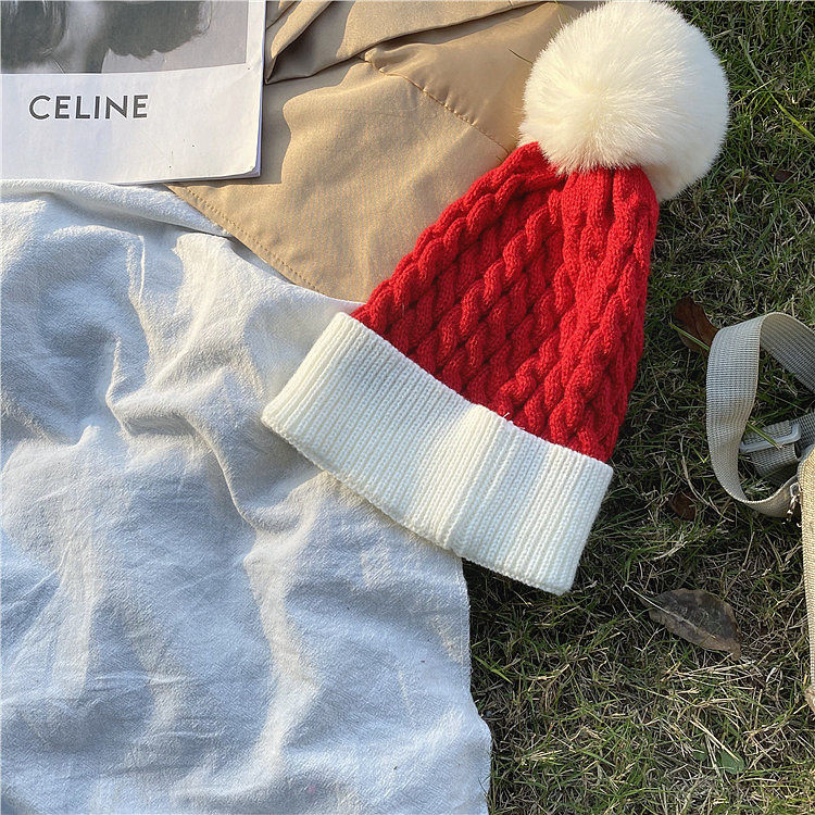 圣诞红色帽子女可爱麻花兔毛球针织帽护耳保暖毛线帽百搭情侣潮男