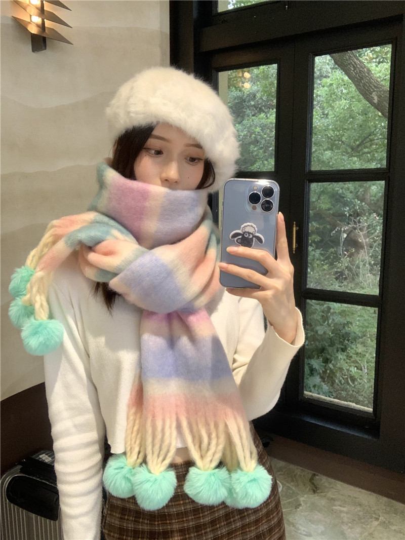 彩虹拼色长流苏围巾女冬季2023新款毛球保暖加厚围脖披肩百搭两用