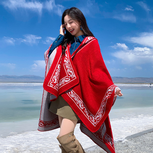 青花海度假拍照百搭民族风连帽披肩女秋冬季加厚保暖两用斗篷外套