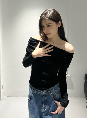 E7Q8 法式温柔一字肩针织衫女修身显瘦辣妹长袖打底温柔纯欲毛衣