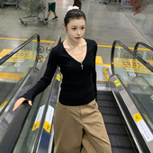 早秋序曲 长袖 新款 E7Q8 V领针织衫 女收腰显瘦纯色修身 上衣打底衫