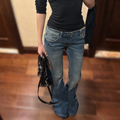 拖地休闲裤 E7Q8 低腰美少女经典 显瘦微喇阔腿牛仔裤 街头漫步 美式