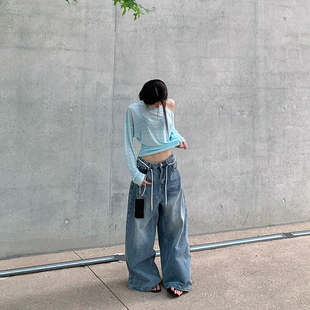 女宽松百搭高级感上衣 E7Q8 夏季 冰凉斜肩条纹防晒显瘦长袖 T恤罩衫