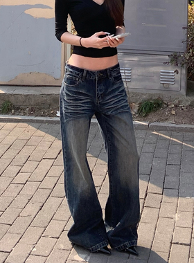 E7Q8 春夏美式辣妹中腰猫须牛仔裤女直筒阔腿显瘦垂感百搭长裤子