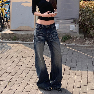 E7Q8 春夏美式辣妹中腰猫须牛仔裤女直筒阔腿显瘦垂感百搭长裤子