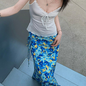 E7Q8 海边度假风花卉印花A字半身裙女夏季 显瘦休闲通勤百搭长裙子