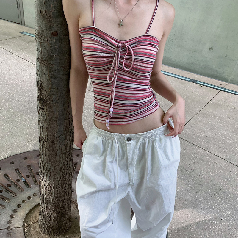 E7Q8 美式舒适百搭条纹撞色吊带女修身收腰显瘦2025夏季新款上衣