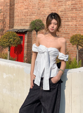 E7Q8 美式辣妹条纹绑带抹胸收腰显瘦上衣女打揽纯欲一字肩气质款