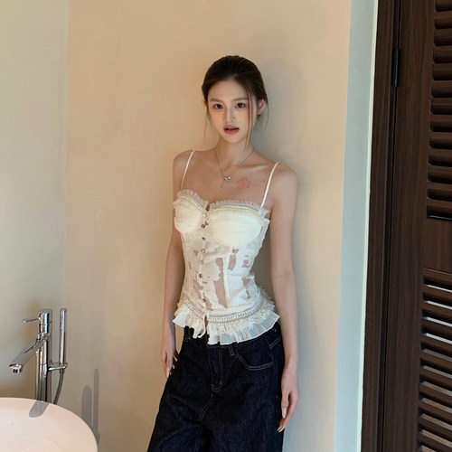 E7Q8 纯欲辣妹白色蕾丝拼接收腰吊带背心显瘦无袖上衣女高级小众