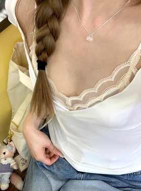 E7Q8 纯纯欲动 白色低胸甜辣V领短袖女显瘦修身上衣+蕾丝背心吊带