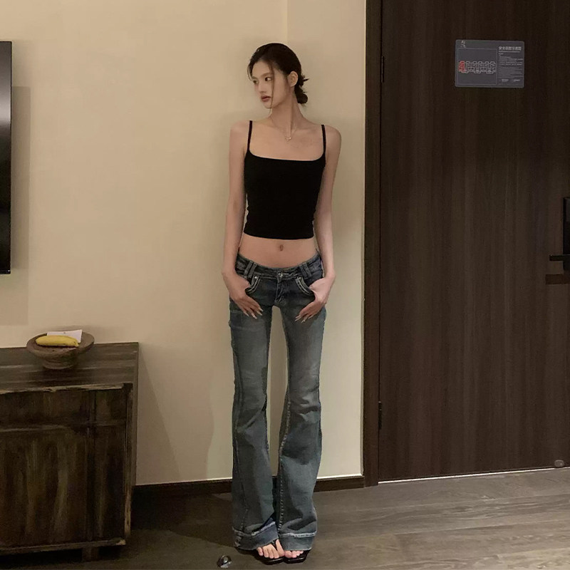 E7Q8 美式低腰美少女经典显瘦浅蓝色喇叭修身牛仔裤水洗休闲长裤